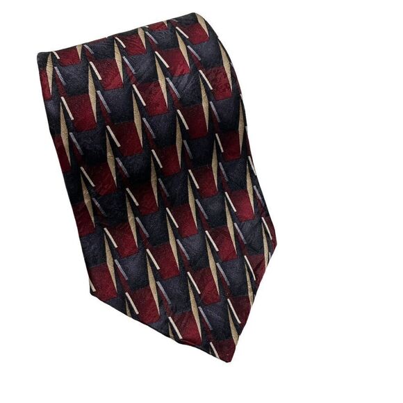 Vintage Oleg Cassini Necktie Men's Tie Maroon Gray Gold Silk Geometric Designer - Picture 2 of 7